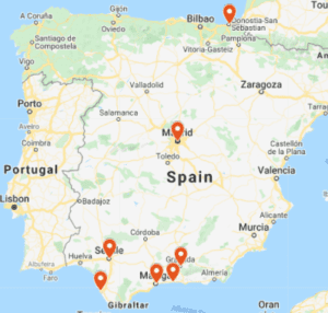 Map of Spain with pinned locations: Cádiz, Seville, Malagá, Madrid, Merja, Granada, San Sebasián