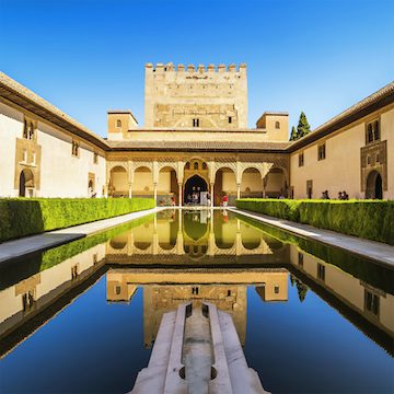 Courtyard of the Myrtles (Patio de los Arrayanes) in La Alhambra, Granada, Spain.