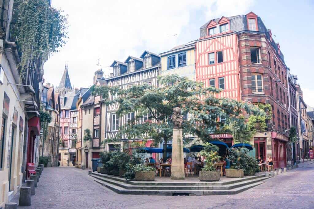 A pretty street scene in Rouen, France.