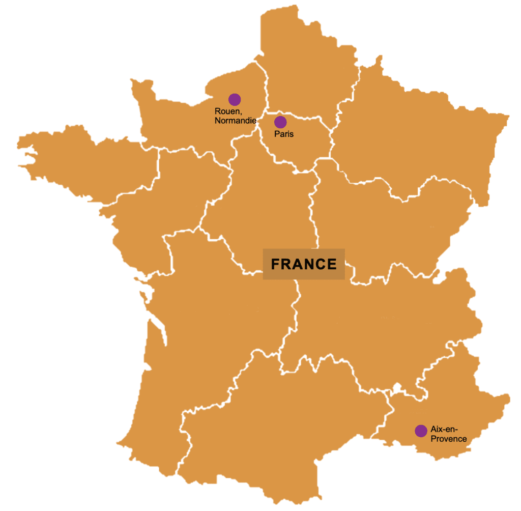 Map of France with Aix-en-Provence, Rouen and Paris.