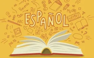 An open book with Spanish words springing out of it.