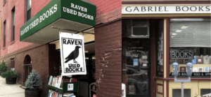 The outside of both Raven Used Books Store and Gabriel Books in Northampton, MA.