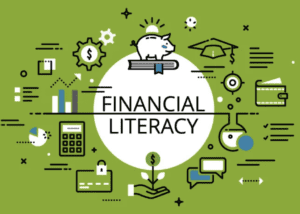 A picture that says financial literacy with lots of symbols related to finances..