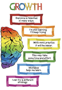 A graphic of a brain and the different growth mindset sayings.