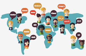 A world map with people speaking different languages.