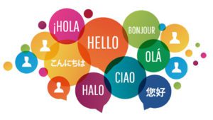 Language bubbles with many international greetings.