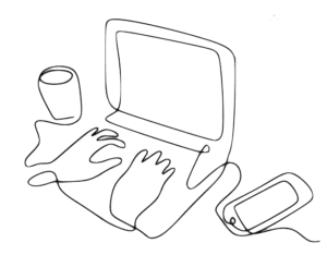 A line drawing of hands writing on a laptop computer.