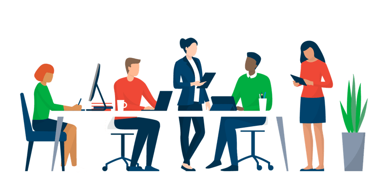 Clip art of various people taking part in a job interview.