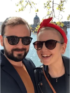 A closeup of Rebecca and her fiancé, Benoit in France.