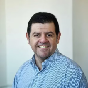 a man in a blue shirt