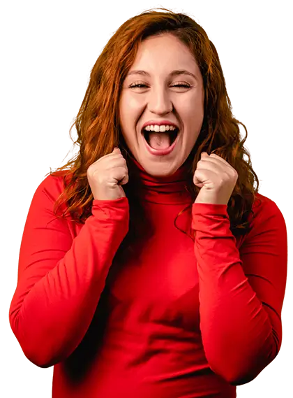An excited woman in a red shirt.