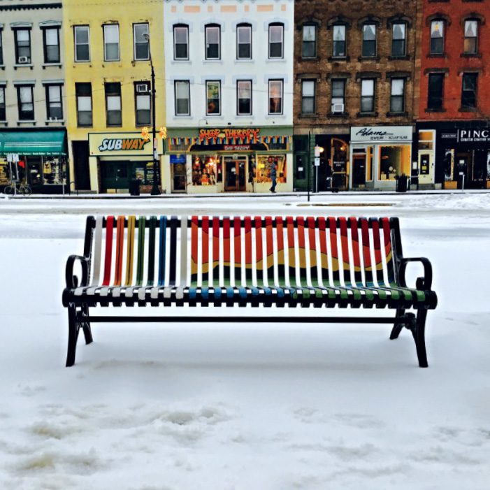 A colorful park bench