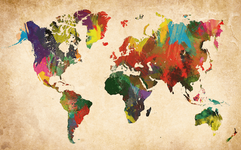 A flat world map with colorful countries.