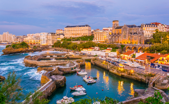 A sunset view of an iconic marina  in Biarritz, France.