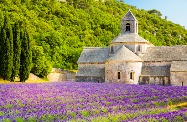 A field of lavender in front of the Senanque Abbey in Provence, France.