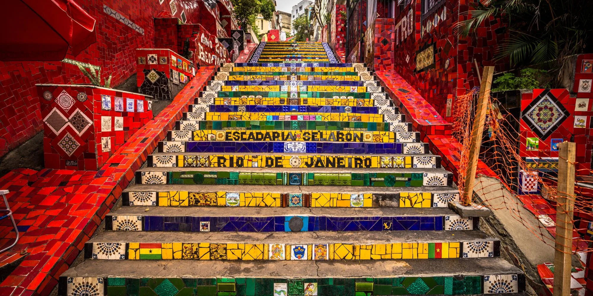 A view of colorfully tiled stairs in Rio de Janiero.