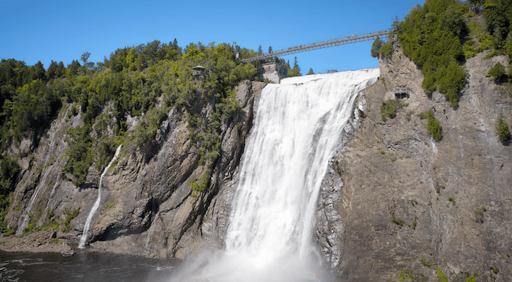 A view of the suspension bridge above the Montmorency Falls in Québec, Canada