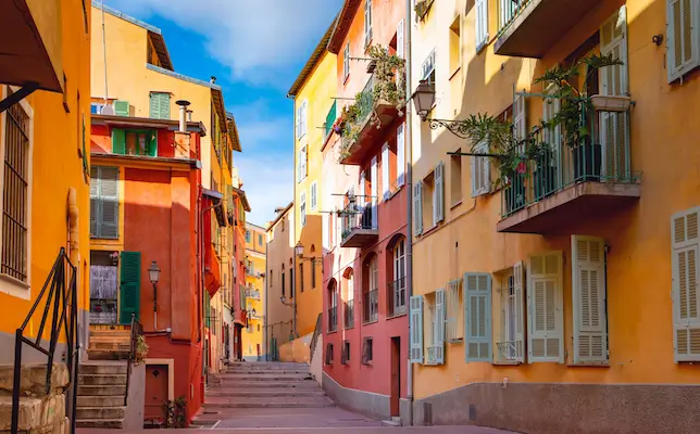 Sunny colorful historical houses in
Old Town of Nice, French Riviera,
Cote d'Azur, France