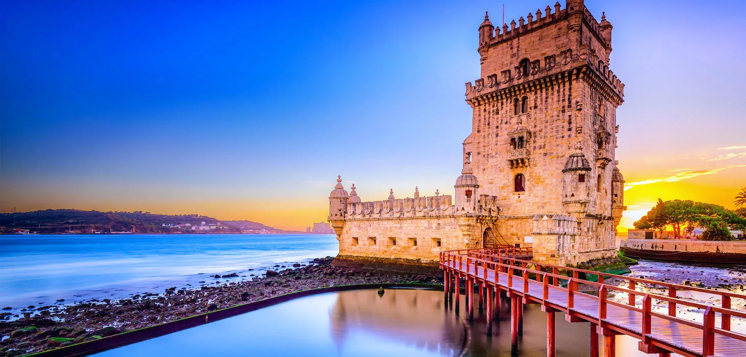 The Belem Tower in Lisbon, Portugal at sunset.