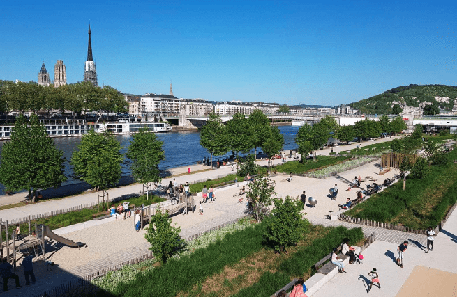 Quuaysides of the Seine river in Rouen, France with it's new walkways and parks.