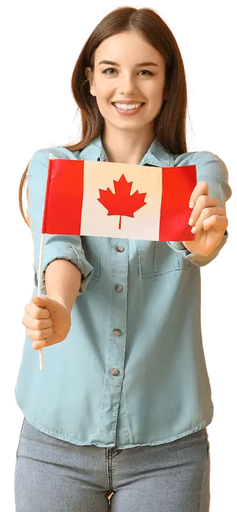 A young woman smiling and holding a Canadian flag.