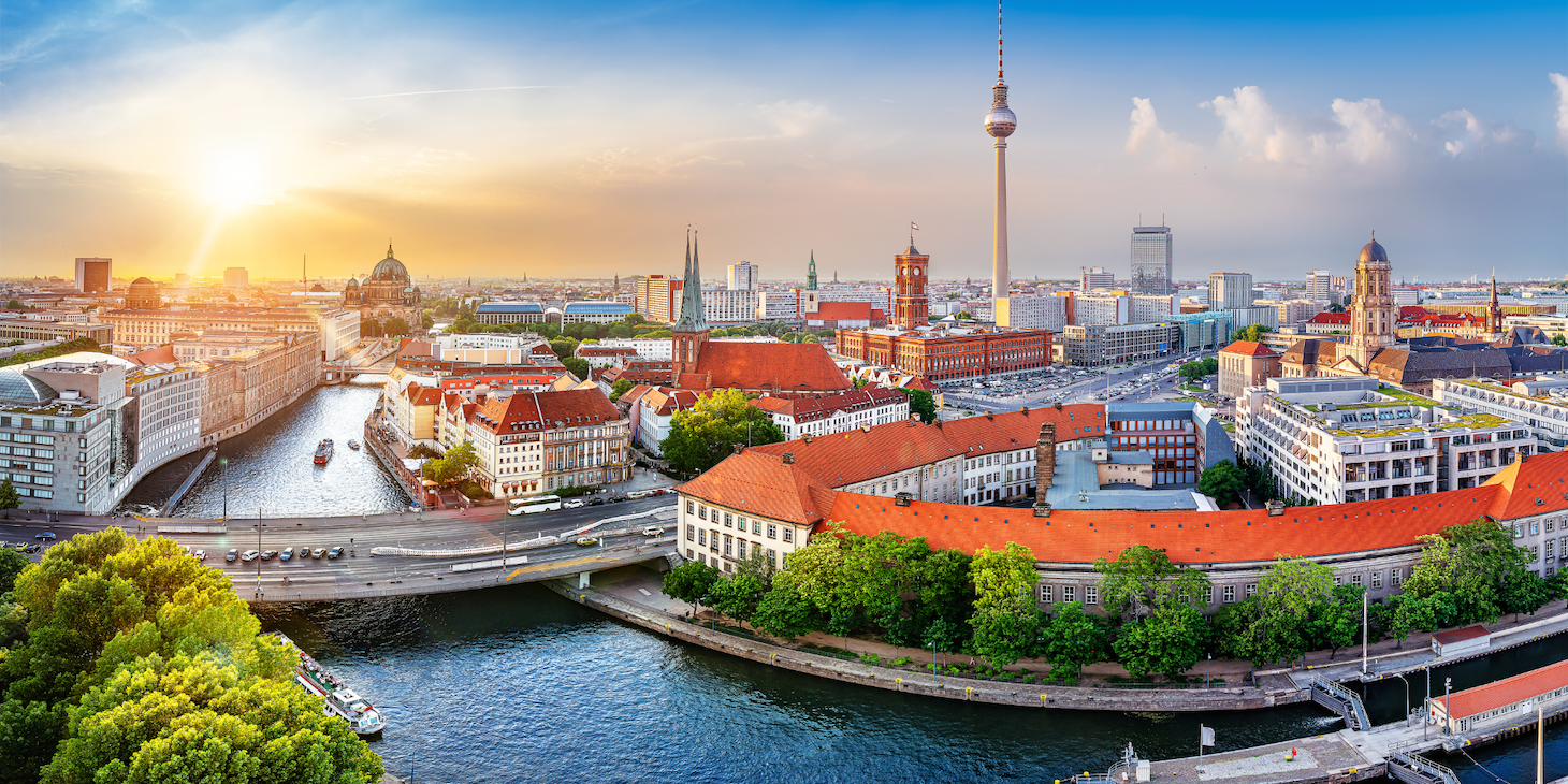 Panoramic view of central Berlin during sunset.