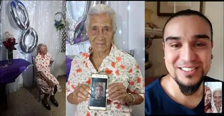 Three images side by side. First one is an old woman sitting in a chair, the second is the the woman holding a phone with a picture of edwin and the third is the picture of Edwin that was on her phone and he is holding a phone with her picture with a young woman.