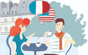 A clip art image showing a French woman speaking to an American man at a cafe table in France.
