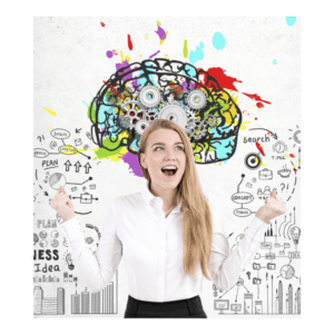 A young woman with long hair looking excited with a giant brain and brain function graphics behind her on the wall.