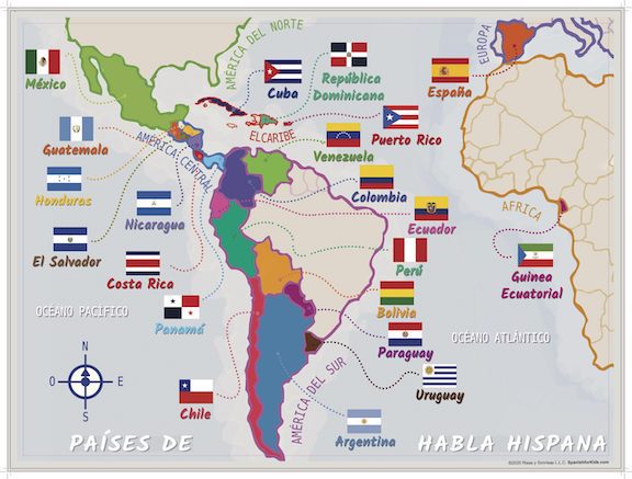 A world map showing all the countries where the Spanish language is spoken.