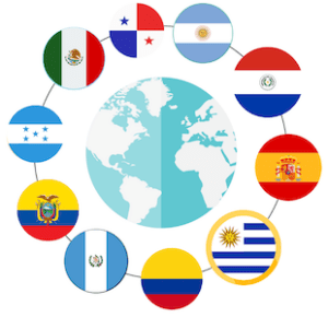 A world globe encircled by 10circles containing flags of Spanish speaking countries.