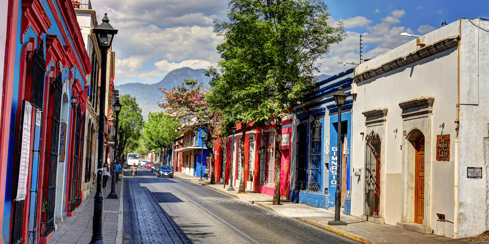 a street lined with colorful buildings and trees