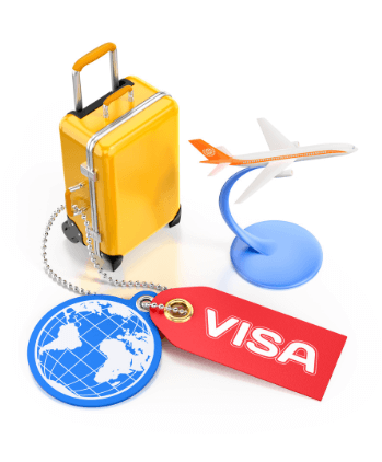 A yellow suitcase, a small airplane model, a blue globe keychain, and a red tag with "VISA" on it are arranged together.