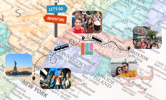 A collage on a map features selfies of a group traveling to Boston and NYC.