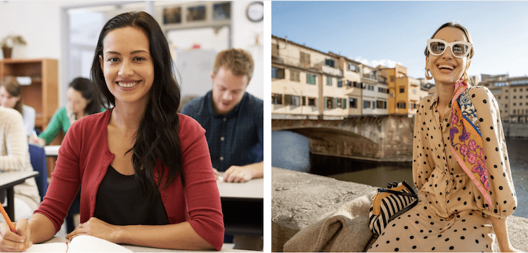 two images of a woman, one in a class the other in Italy.