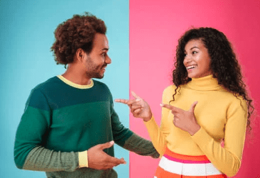 a man and a woman talking.