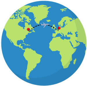 A globe with a plane going from the US to Germany.