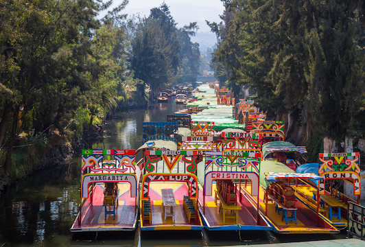 The Xochimilco canals with boats in Mexico City.