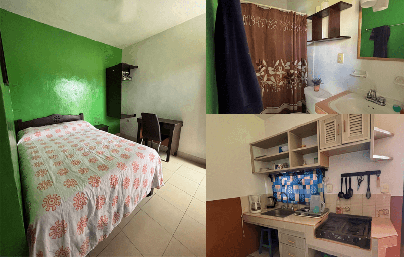 photos of bedroom, bathroom and kitchen