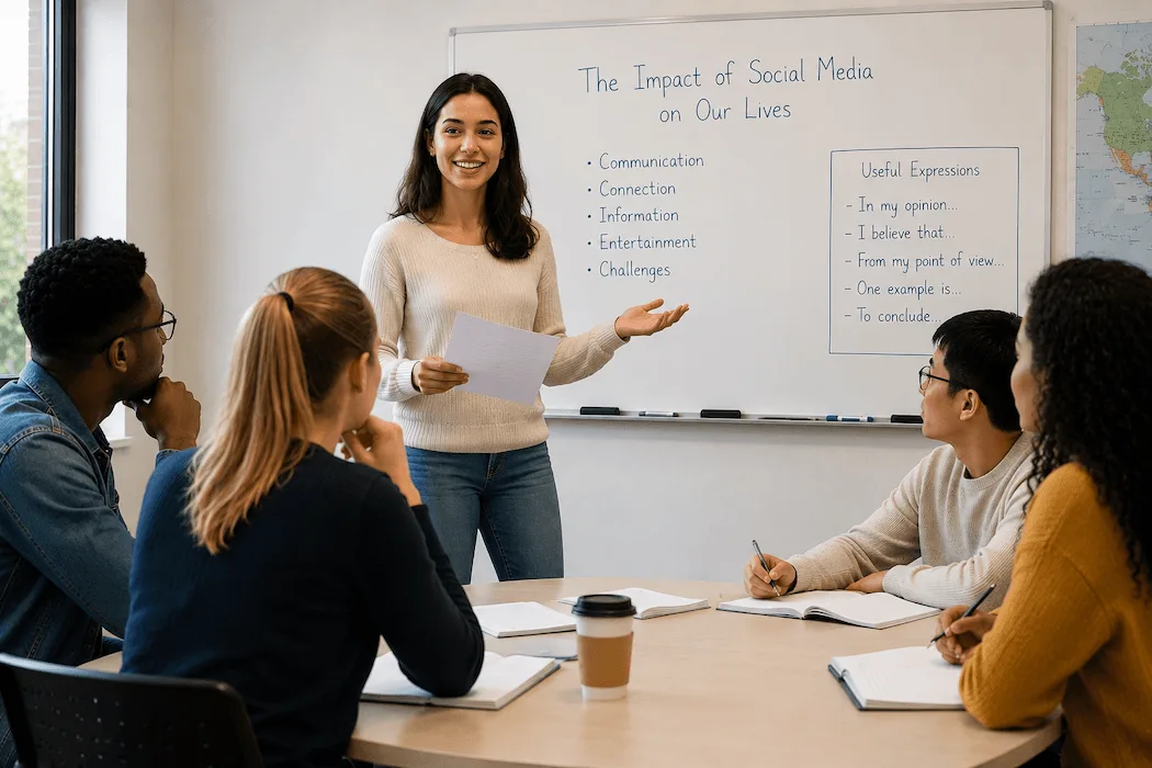 A student gives an English presentation to classmates in an intensive English classroom while fellow students listen, take notes, and participate in the discussion.